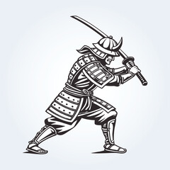 a character illustration of a samurai warrior with a katana in black and white art, fighting pose