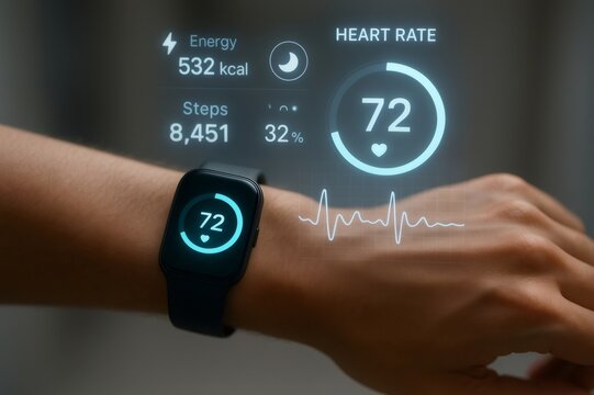 Close up of a smartwatch displaying health metrics like heart rate, steps, energy expenditure, and sleep data