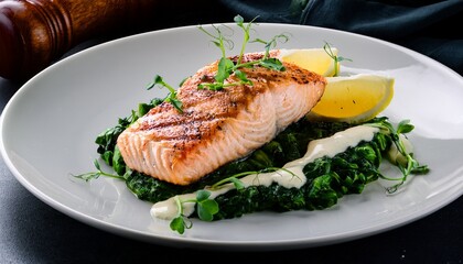 grilled salmon fillet with creamy herb sauce on sauteed spinach garnished with microgreens and lemon served on white plate