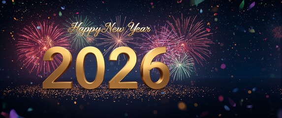 A vibrant and festive graphic celebrating the new year, with large golden numbers "2026," "Happy New Year" text, fireworks, and confetti on a dark background.