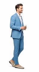 Happy Man in Blue Suit Walking and Holding a Coffee Cup