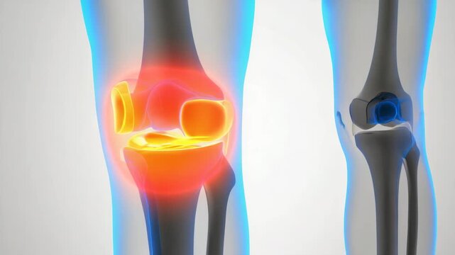: Gen-4 Turbo Knee joint pain highlighted in orange showing inflammation and discomfort, horizontal vide 