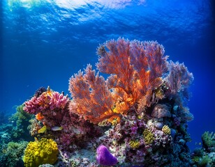 Obraz premium vibrant coral reef underwater scene viewed from a close up perspective highlighting the intricate details of the marine life and colorful corals against a bright blue backdrop