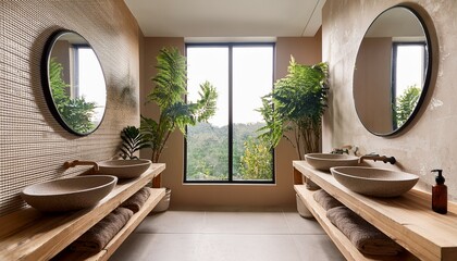 modern double bathroom with stone sinks large mirrors beige tile natural light and lush green plants creating serene atmosphere