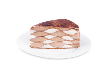 Chocolate vanilla crepe cake with whipped cream filling in the plate on a white isolated background