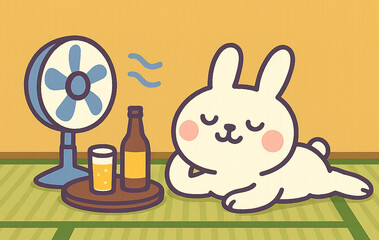畳の部屋で扇風機の風を浴びてくつろぐうさぎとビールのイラスト
