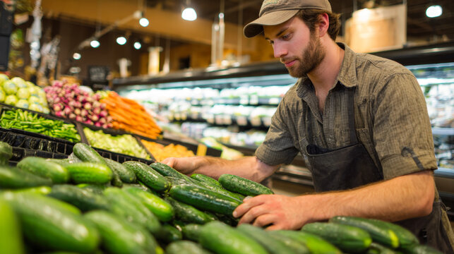 A young, friendly store clerk wearing a cap and an apron is happily organizing cucumbers on a display at a supermarket. The image highlights healthy living, fresh produce, excellent customer service.