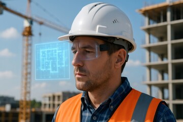 Construction engineer wearing holographic glasses visualizing architectural plan on construction site, showcasing innovative technology in building industry