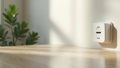 Modern thermostat mounted on wall with sunlight and indoor plant  