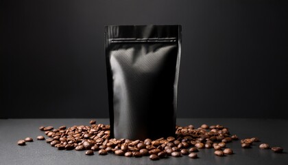 a coffee concept prepared for mockup with a matte black coffee package and coffee beans on dark background