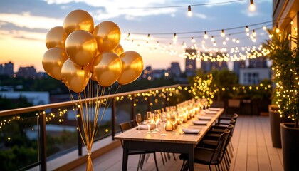 Celebrating with Balloons at Outdoor Dinner Party on Rooftop