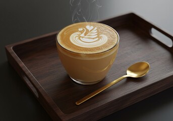 Steaming latte with beautiful swan and heart latte art. Warm beverage in glass on dark wooden tray with golden spoon, a cozy artistic coffee moment.