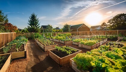 explore a lively community garden filled with raised beds of various vegetables where neighbors come together planting watering and tending to their shared passion for gardening