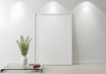 White Frame Mockup Standing Against Neutral Wall with Green Plant on Glass Table