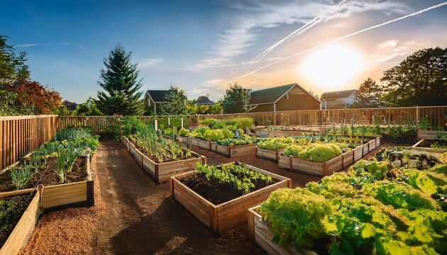 explore a lively community garden filled with raised beds of various vegetables where neighbors come together planting watering and tending to their shared passion for gardening