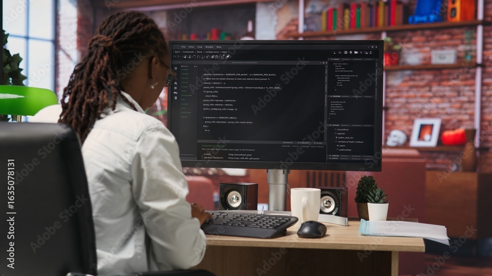Wall mural it technician in home office looking at ui on computer monitor, executing programming script. remote