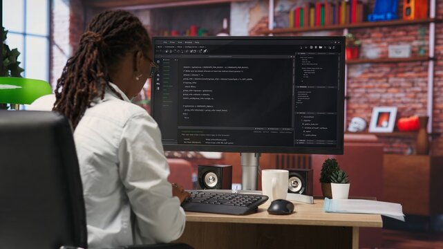 IT technician in home office looking at UI on computer monitor, executing programming script. Remote employee using coding application to write and test code in modern apartment, camera B