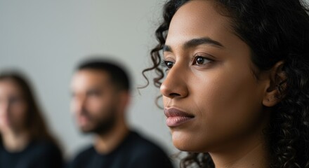 Fototapeta premium Focused Woman's Profile with Curly Hair, Soft Lighting, and Blurred Background