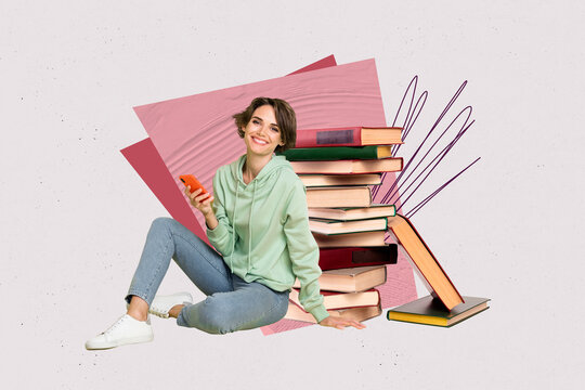 Creative pop poster sketch art collage of happy student girl guy do homework book stack education concept bookworm hobby reader