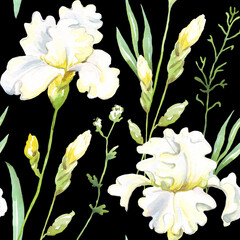 Seamless floral pattern with white watercolor irises