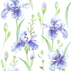 Seamless floral pattern with blue watercolor irises