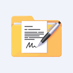Document with signature and pen in a yellow folder