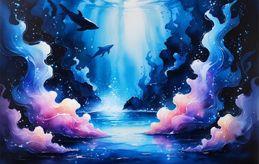 Mystical Underwater World with Colorful Swirls and Sharks