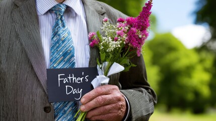 Mature man in formal suit holding a vibrant bouquet of blossoms and a special Father's Day message card outdoors. Celebrating paternal love and family gratitude.