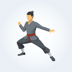 a character illustration of a karate man fighting with a sword in a black suit