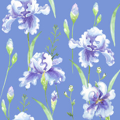 Seamless floral pattern with blue watercolor irises