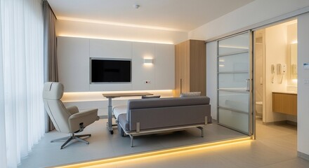Luxury Minimalist Hospital Suite with Yellow Neon Floor Lighting, Sofa-Bed, Recliner Chair, TV Wall and Sliding Glass Bathroom Door &ndash; 4K Stock Photo