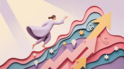 Woman climbing abstract mountain with arrows and symbols representing growth - Concept of bucket list, lifestyle, wanderlust  