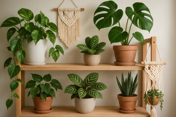 Fototapeta premium Stylish macrame wall hangings and various potted plants adding a touch of nature and bohemian charm to modern home interior