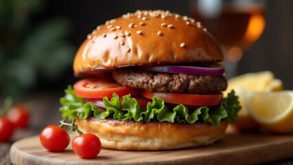 Delicious gourmet burger with fresh ingredients on a wooden board