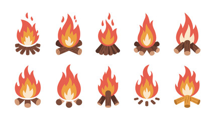 Collection of ten different campfire illustrations with burning wood