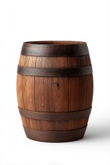 Fototapeta premium Rustic wooden barrel with dark metal bands on white background