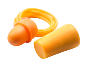 Pair of orange foam earplugs isolated on transparent background