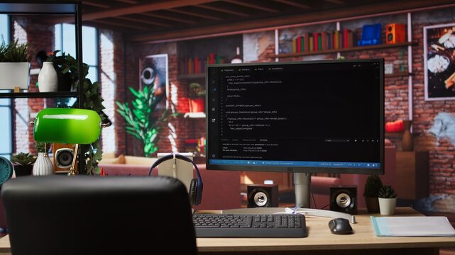 Development console visible on computer screen in modern apartment workspace. Software tools and lines of code displayed on PC monitor in home living room, technology concept