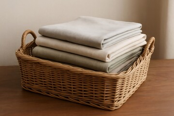 Obraz premium Wicker basket sits on a wooden surface, brimming with neatly folded linen sheets in soft, muted colors, evoking a sense of calm and organization
