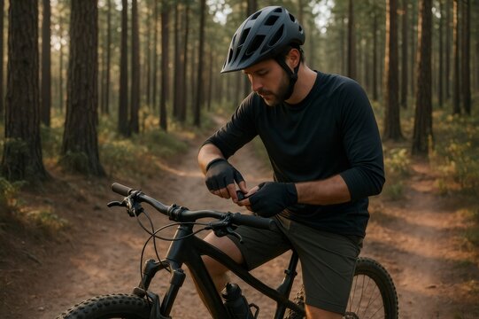 Mountain biker adjusting an action camera while savoring a ride through a pine forest, basking in the warm glow of sunset - Powered by Adobe