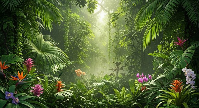 A lush jungle background with vibrant tropical flowers and dense green foliage. Sunlight streams through the misty canopy in this serene rainforest paradise scene.