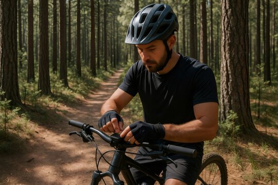 Male cyclist wearing helmet and gloves adjusting navigation device on handlebar while mountain biking on trail through sunny forest