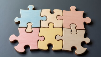 Fototapeta premium Six colorful puzzle pieces interlocked on a dark background