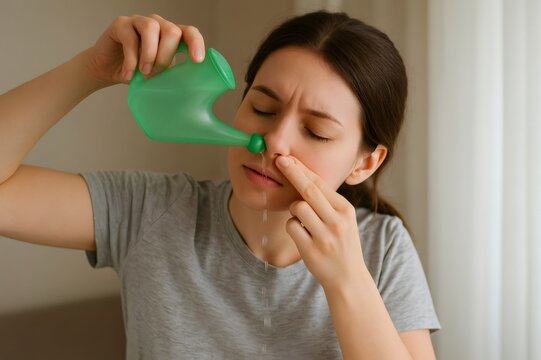 Young woman is rinsing her nasal passages with a saline solution using a neti pot, a common practice for sinus relief and hygiene