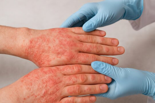 Doctor wearing blue gloves examining red rash on patient's hands, likely caused by eczema or other skin condition - Powered by Adobe