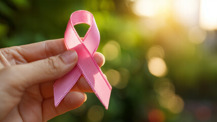 女性の手がピンクリボンを持つ心寄せる瞬間