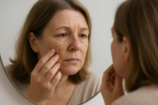 Mature woman examining her facial skin in front of a mirror, checking for wrinkles and age spots while reflecting on her skincare routine