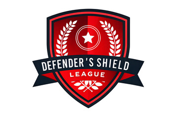 Obraz premium Defender’s Shield League Badge – Soccer Emblem with Laurel Wreath, Red Shield, Banner, Star, Modern Graphic logo