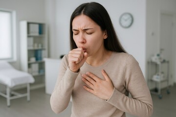 Patient suffering from cough and chest pain, possibly due to lung problems or respiratory infection, during medical examination in clinic