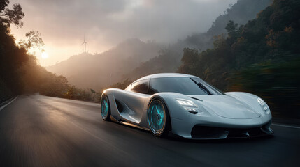 Fototapeta premium futuristic electric car driving on a road with wind turbines